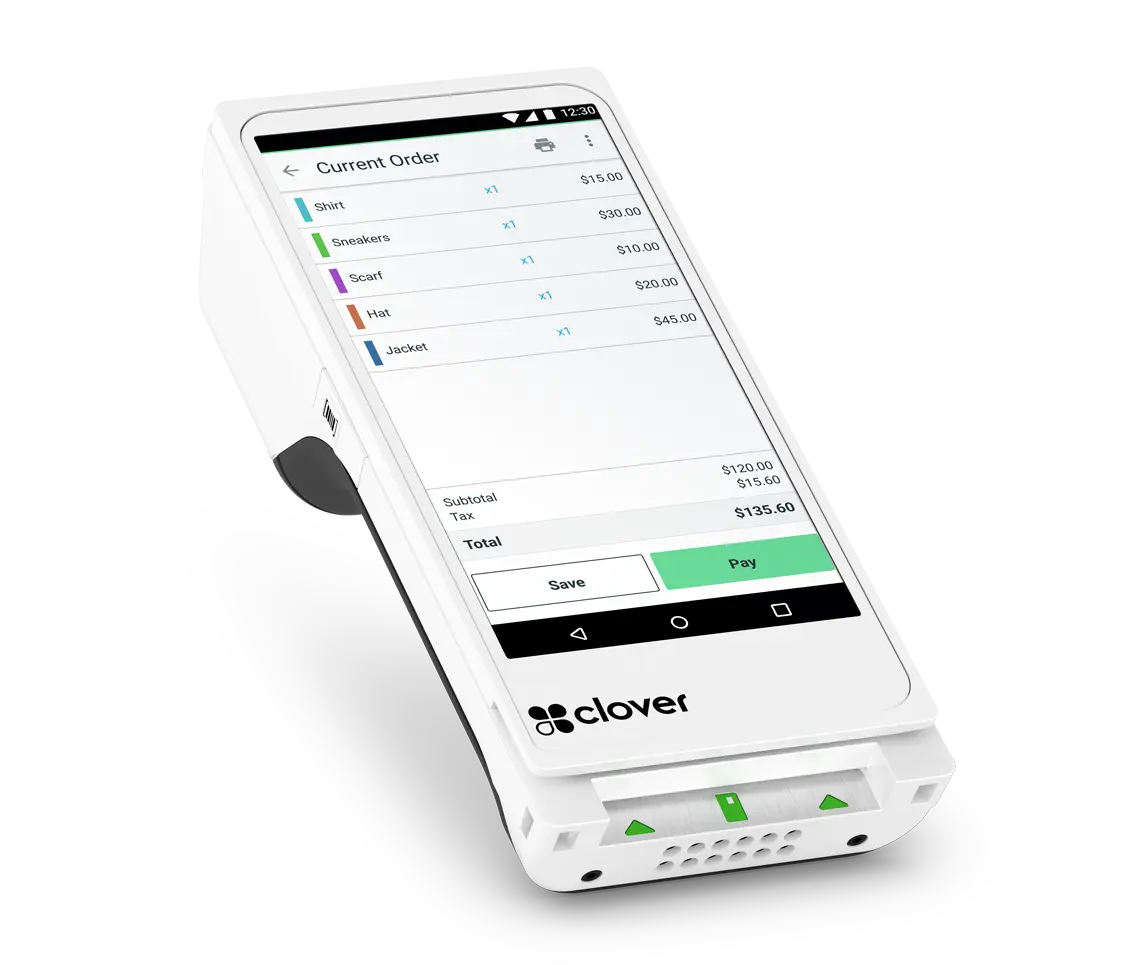 Clover Flex 3 handheld POS device displaying order details on screen