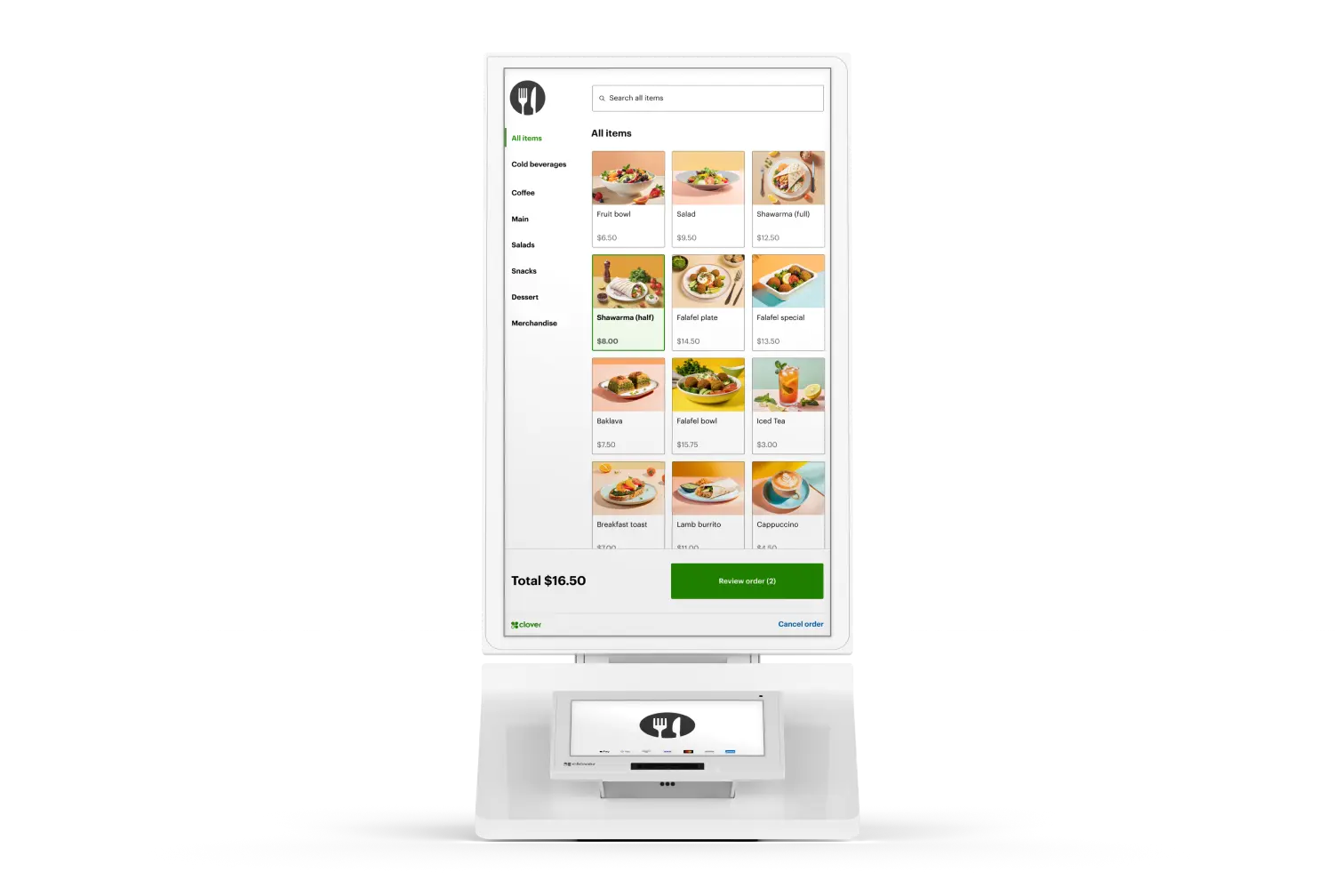 Clover Kiosk self-service ordering screen with menu items and prices