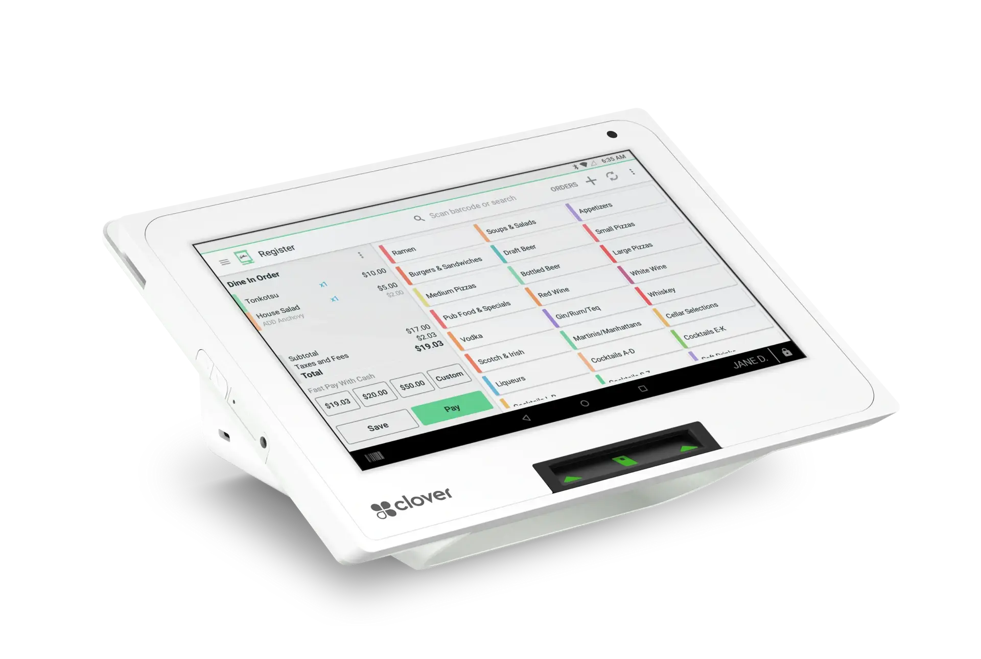 Clover Mini 3 compact countertop POS with register dashboard on screen